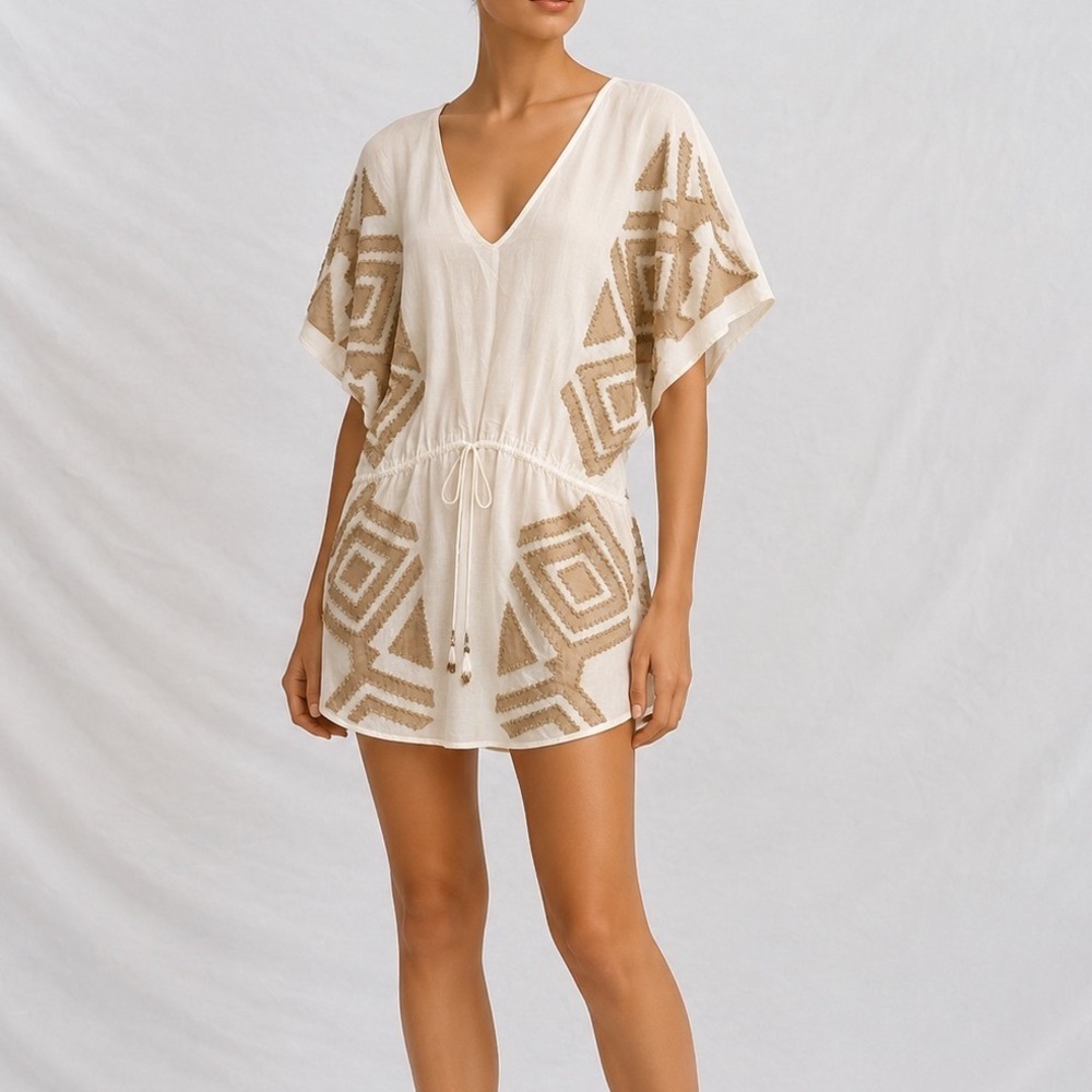 NWT Vix Paula Hermanny Womens White Tan Embroidered Swim Coverup Boho Medium